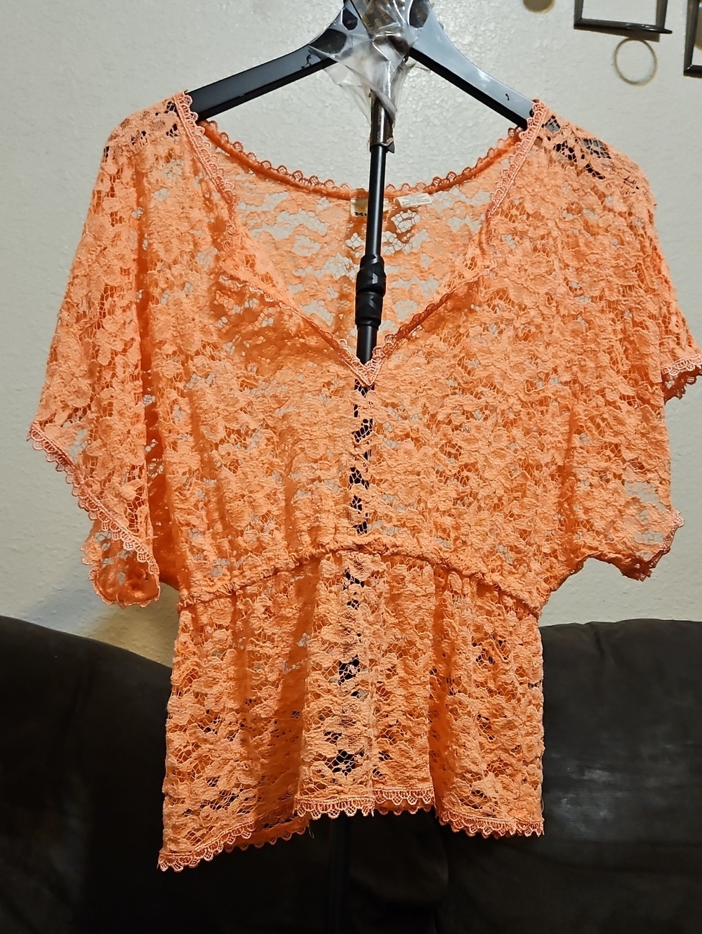 Women's Lace V-Neck Peplum Top - Coral Orange